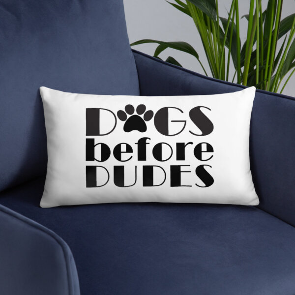 all over print basic pillow 20x12 front lifestyle 6 604e7cba6cb89 Dogs Before Dudes Basic Pillow